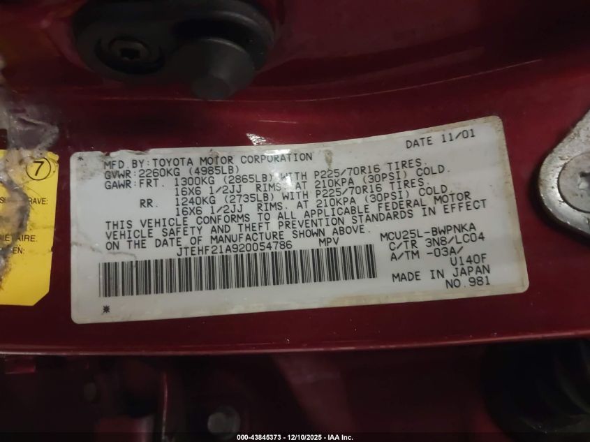 2002 Toyota Highlander Limited V6 VIN: JTEHF21A920054786 Lot: 43845373