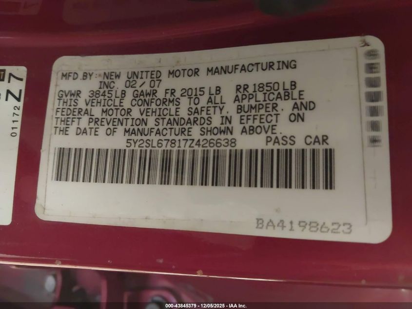 2007 Pontiac Vibe VIN: 5Y2SL67817Z426638 Lot: 43845379