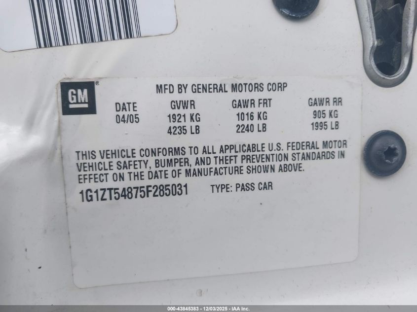 2005 Chevrolet Malibu Ls VIN: 1G1ZT54875F285031 Lot: 43845383