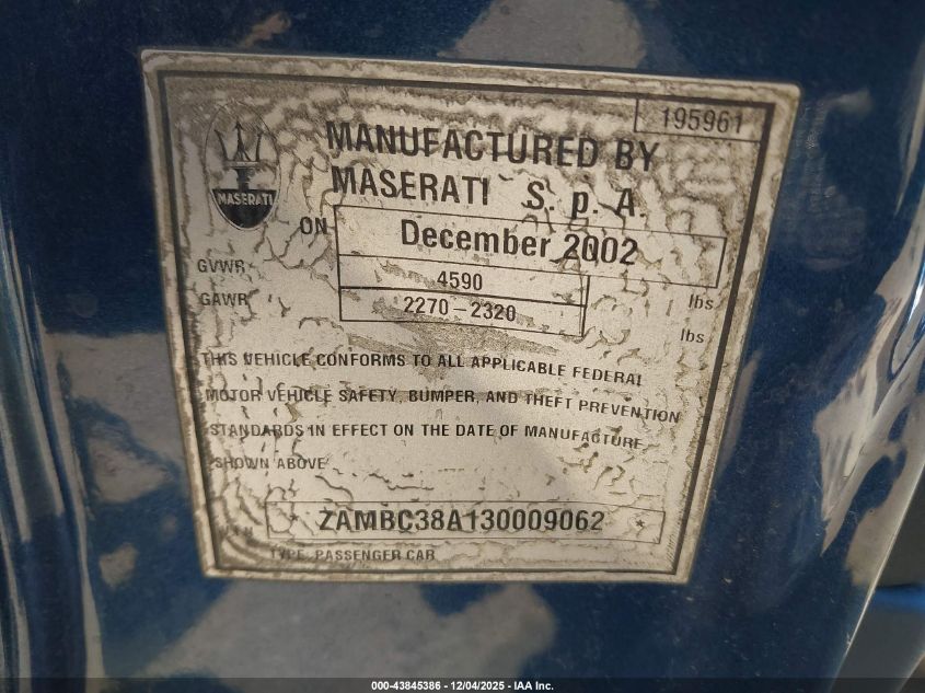 2003 Maserati Coupe Cambiocorsa/Gt VIN: ZAMBC38A130009062 Lot: 43845386