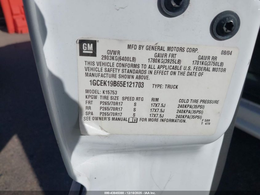 2005 Chevrolet Silverado 1500 Z71 VIN: 1GCEK19B65E121703 Lot: 43845388