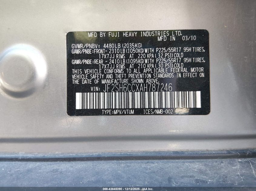 2010 Subaru Forester 2.5X Premium VIN: JF2SH6CCXAH787246 Lot: 43845390
