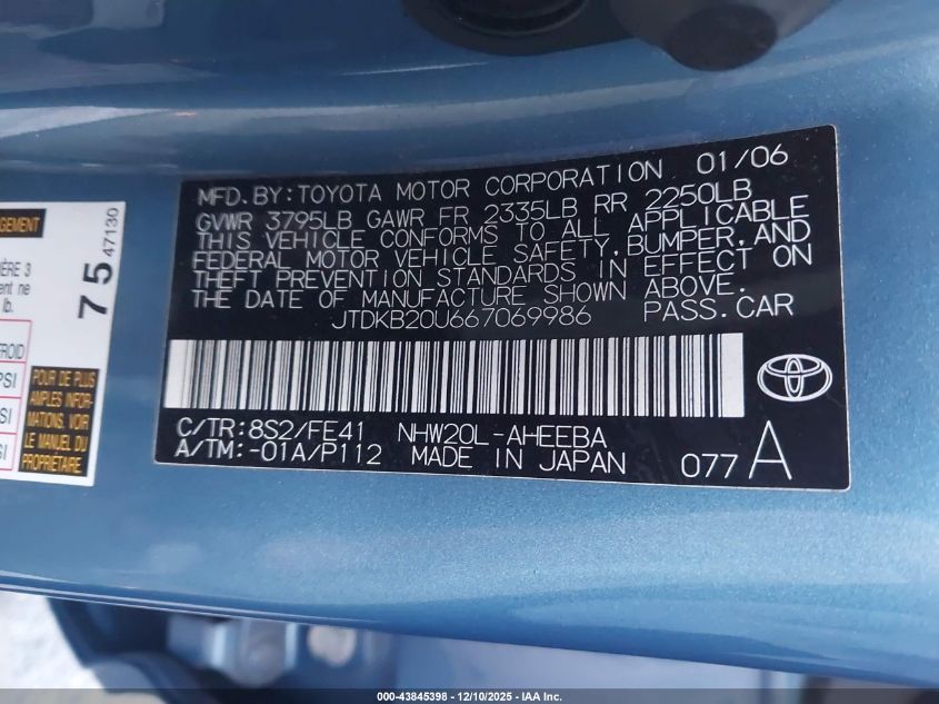 2006 Toyota Prius VIN: JTDKB20U667069986 Lot: 43845398