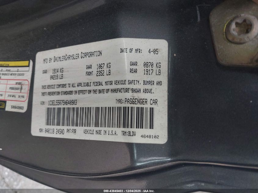 2005 Chrysler Sebring Touring VIN: 1C3EL55R75N640903 Lot: 43845403