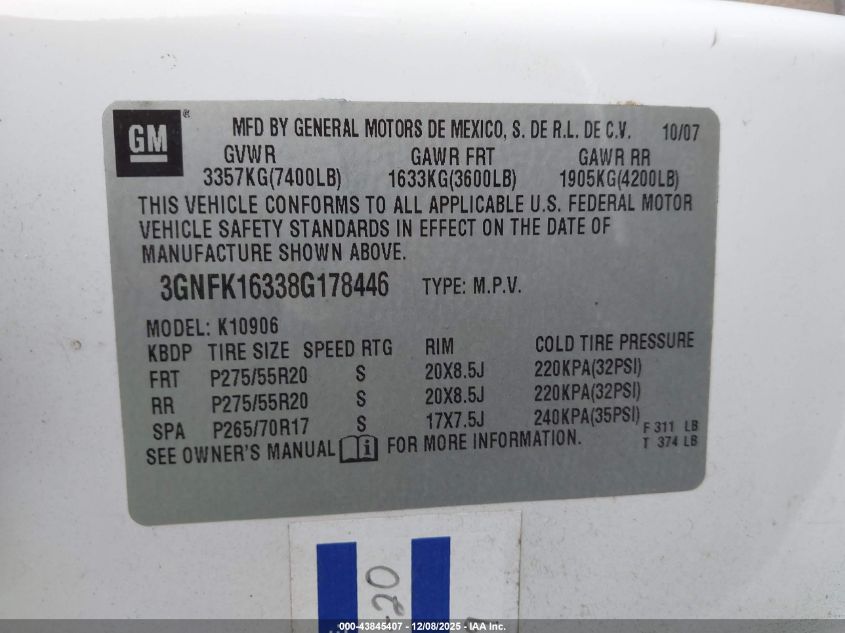 2008 Chevrolet Suburban 1500 Ltz VIN: 3GNFK16338G178446 Lot: 43845407
