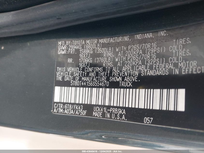 2006 Toyota Tundra Sr5 V8 VIN: 5TBDT44156S554670 Lot: 43845416