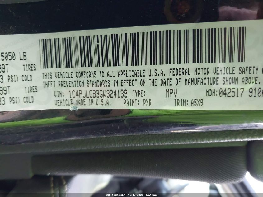 2016 Jeep Cherokee Latitude VIN: 1C4PJLCB3GW324139 Lot: 43845457