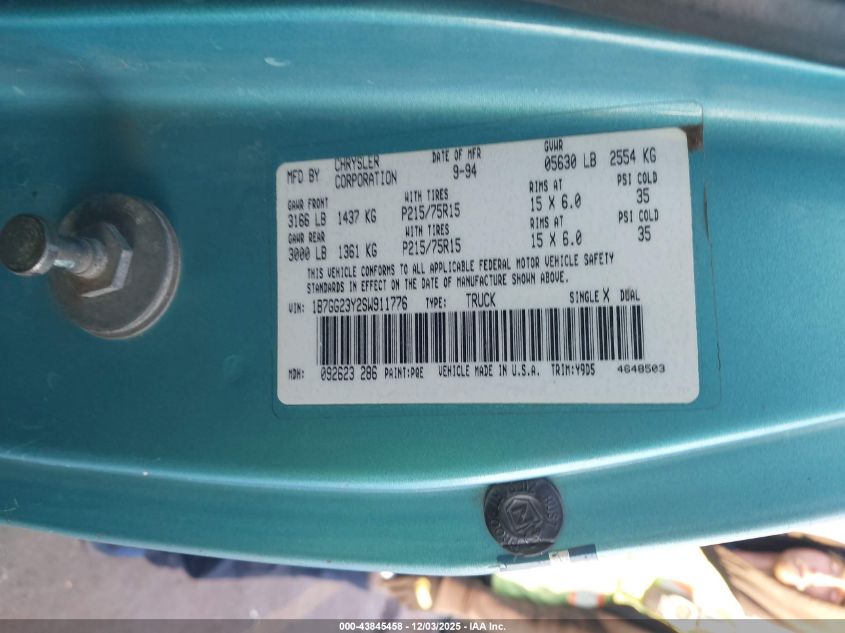 1995 Dodge Dakota VIN: 1B7GG23Y2SW911776 Lot: 43845458