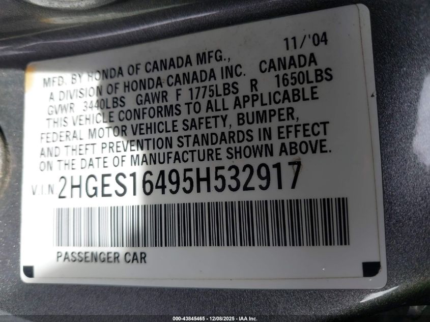 2005 Honda Civic Vp VIN: 2HGES16495H532917 Lot: 43845465