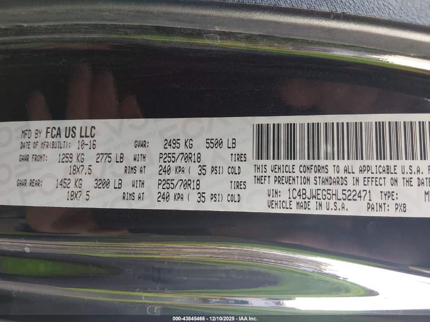 2017 Jeep Wrangler Unlimited Sahara 4X4 VIN: 1C4BJWEG5HL522471 Lot: 43845466