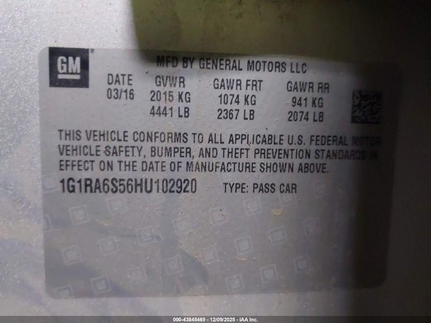 2017 Chevrolet Volt Lt VIN: 1G1RA6S56HU102920 Lot: 43845469