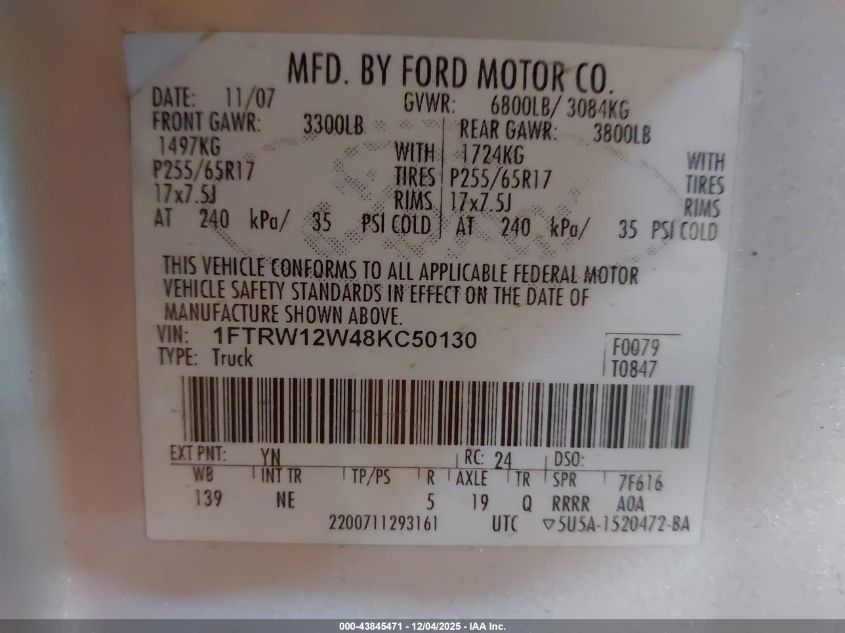 2008 Ford F-150 60Th Anniversary/Fx2/Xl/Xlt VIN: 1FTRW12W48KC50130 Lot: 43845471