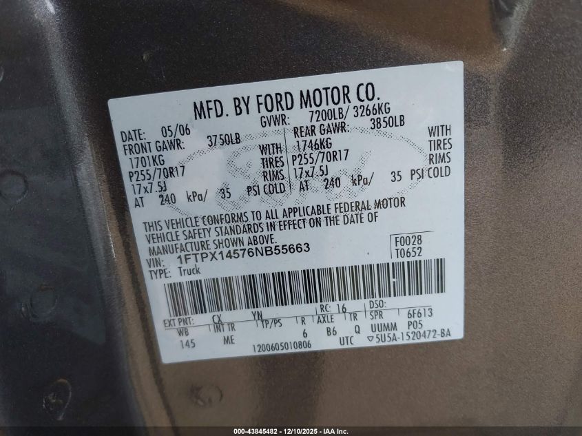2006 Ford F-150 Fx4/Lariat/Xl/Xlt VIN: 1FTPX14576NB55663 Lot: 43845482
