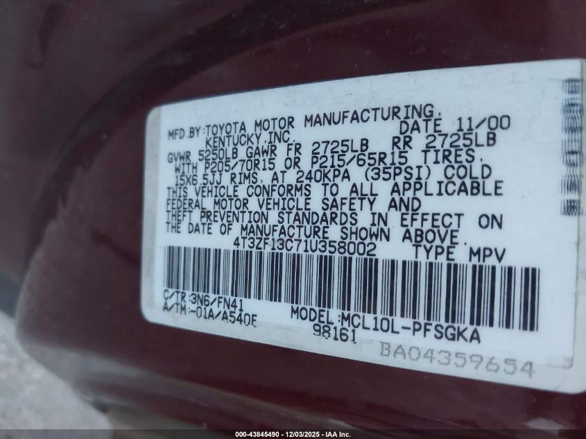 2001 Toyota Sienna Le VIN: 4T3ZF13C71U358002 Lot: 43845490