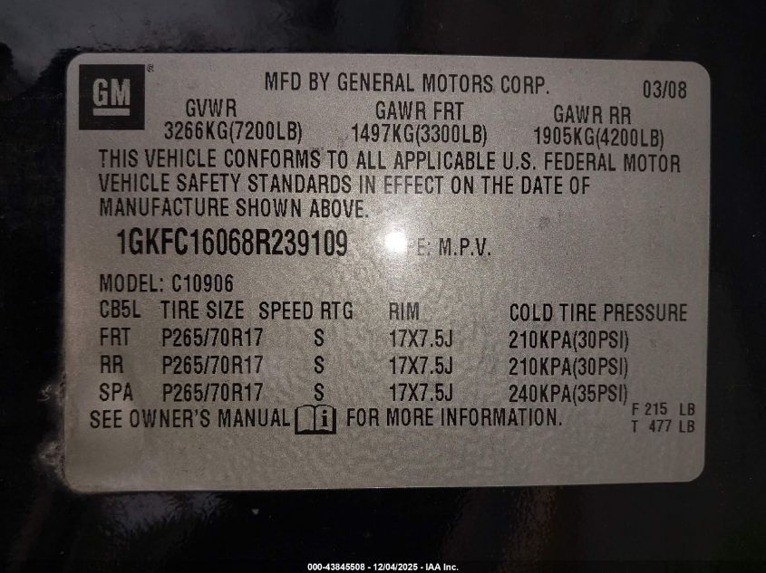 2008 GMC Yukon Xl 1500 Slt VIN: 1GKFC16068R239109 Lot: 43845508