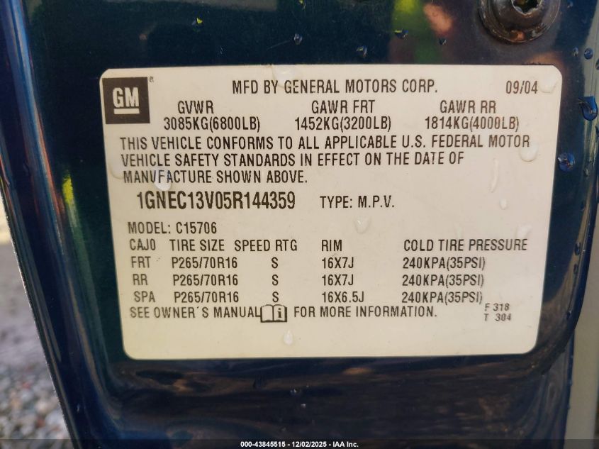 2005 Chevrolet Tahoe Ls VIN: 1GNEC13V05R144359 Lot: 43845515
