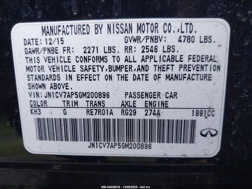 2016 Infiniti Q50 2.0T Base VIN: JN1CV7AP5GM200896 Lot: 43845516