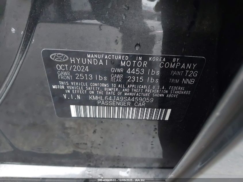 2025 Hyundai Sonata Sel VIN: KMHL64JA9SA459059 Lot: 43845533