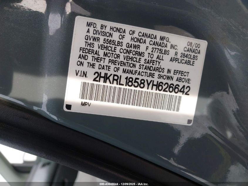 2000 Honda Odyssey Lx VIN: 2HKRL1858YH626642 Lot: 43845544