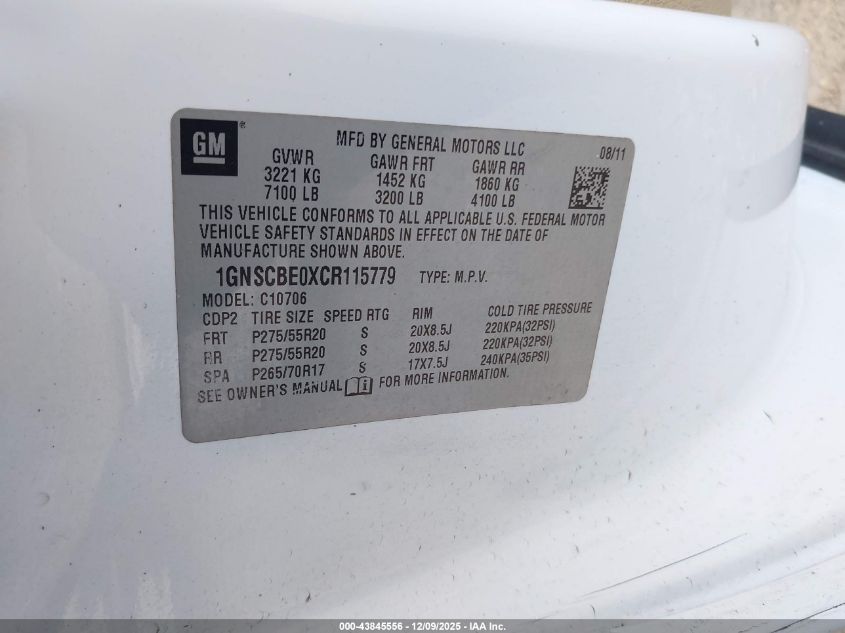 2012 Chevrolet Tahoe Lt VIN: 1GNSCBE0XCR115779 Lot: 43845556