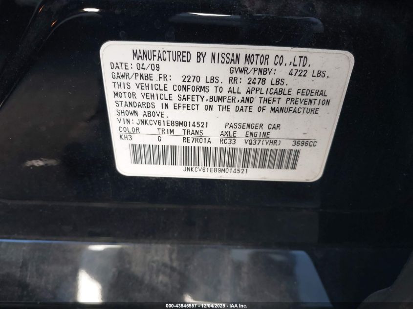 2009 Infiniti G37 Journey VIN: JNKCV61E89M014521 Lot: 43845557