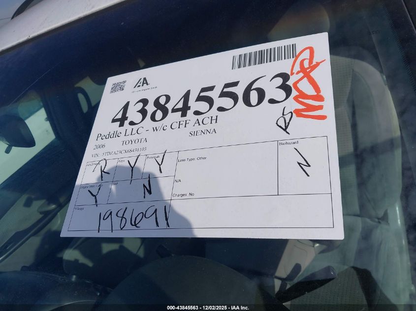 2006 Toyota Sienna Le VIN: 5TDZA23CX6S431103 Lot: 43845563
