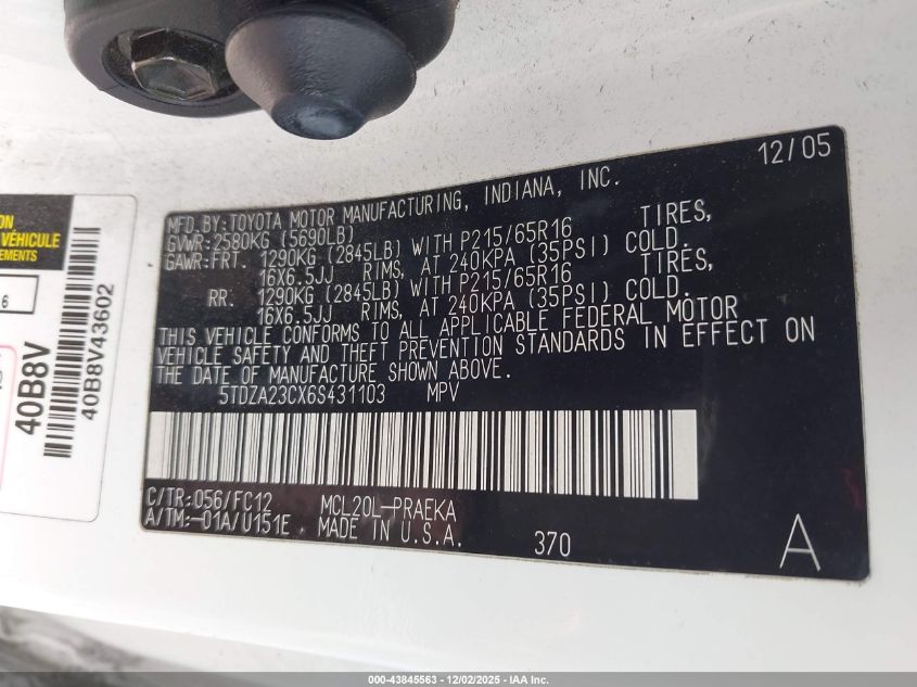 2006 Toyota Sienna Le VIN: 5TDZA23CX6S431103 Lot: 43845563