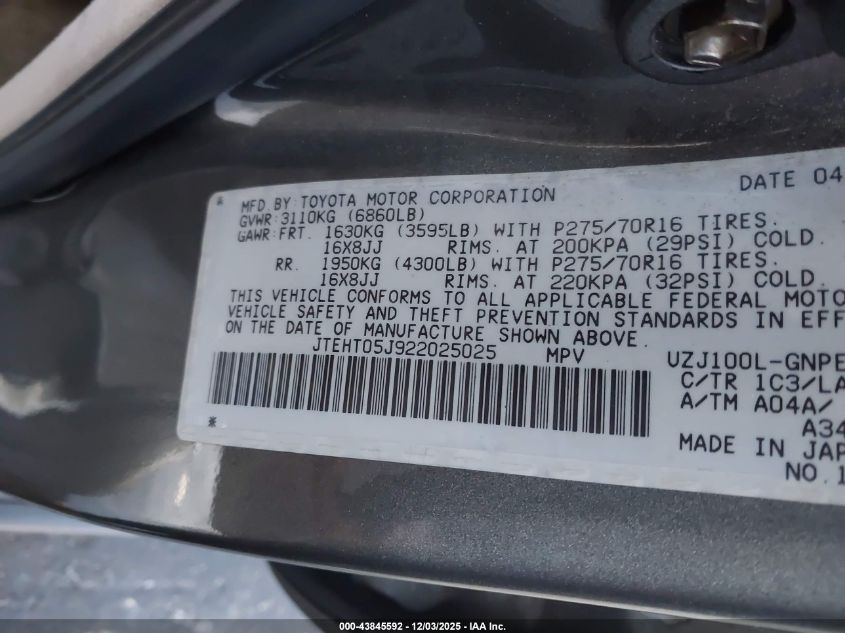 2002 Toyota Land Cruiser VIN: JTEHT05J922025025 Lot: 43845592