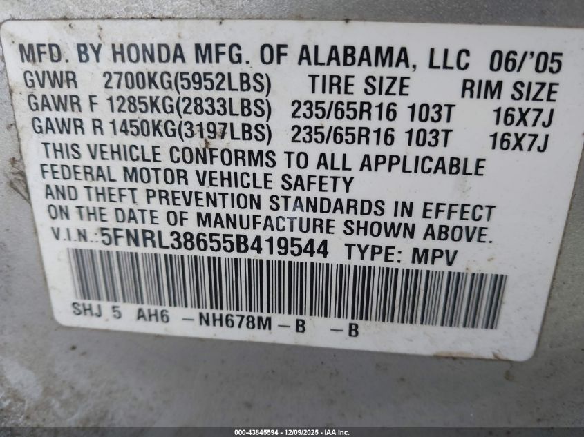 2005 Honda Odyssey Ex-L VIN: 5FNRL38655B419544 Lot: 43845594