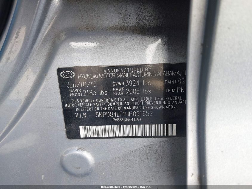 2017 Hyundai Elantra Se VIN: 5NPD84LF1HH091652 Lot: 43845609