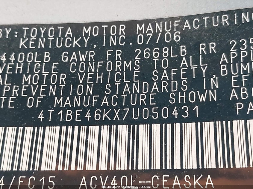 4T1BE46KX7U050431 2007 TOYOTA CAMRY photo no. 9