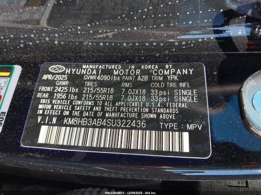 2025 Hyundai Kona Sel VIN: KM8HB3AB4SU322436 Lot: 43845613