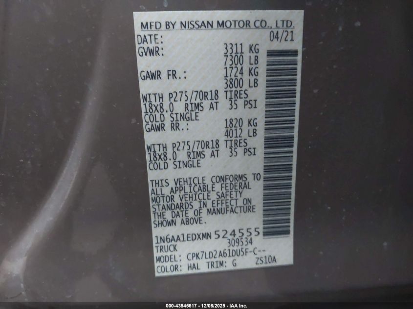 2021 Nissan Titan Pro-4X 4X4 VIN: 1N6AA1EDXMN524555 Lot: 43845617