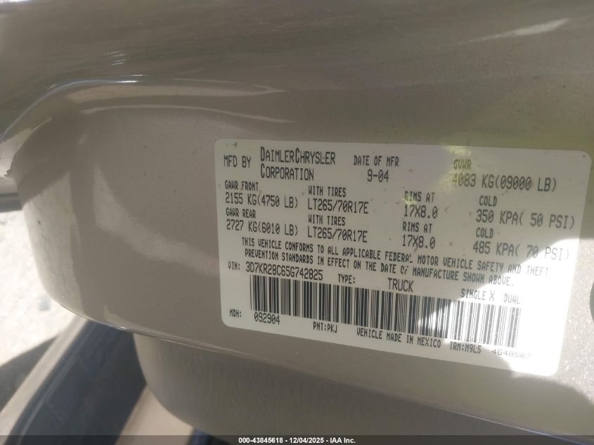 2005 Dodge Ram 2500 Slt/Laramie VIN: 3D7KR28C65G742825 Lot: 43845618