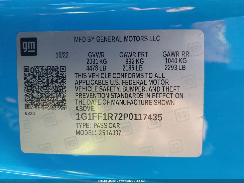 2023 Chevrolet Camaro Rwd Lt1 VIN: 1G1FF1R72P0117435 Lot: 43845630