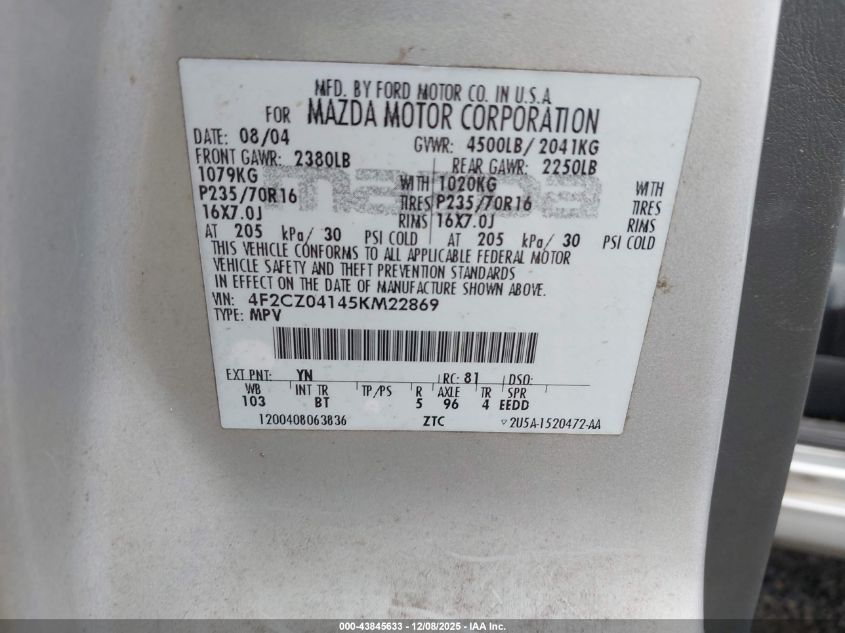 2005 Mazda Tribute S VIN: 4F2CZ04145KM22869 Lot: 43845633