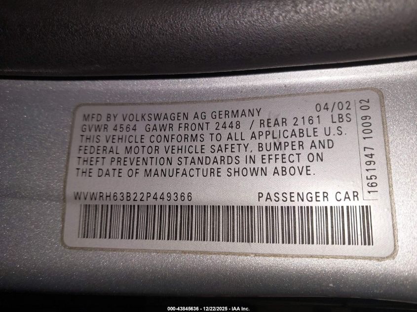 2002 Volkswagen Passat Glx VIN: WVWRH63B22P449366 Lot: 43845636