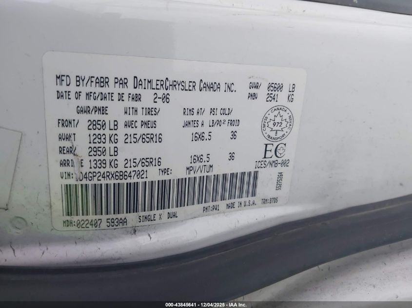 2006 Dodge Grand Caravan VIN: 1D4GP24RX6B647021 Lot: 43845641