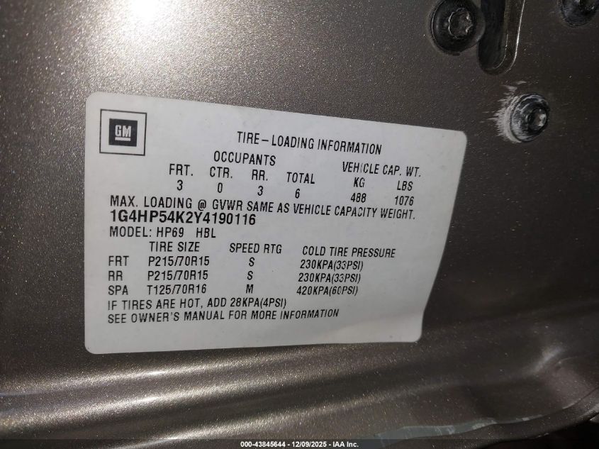 2000 Buick Lesabre Custom VIN: 1G4HP54K2Y4190116 Lot: 43845644