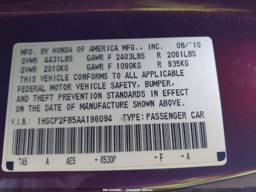2010 Honda Accord 2.4 Ex-L VIN: 1HGCP2F85AA196094 Lot: 43845653