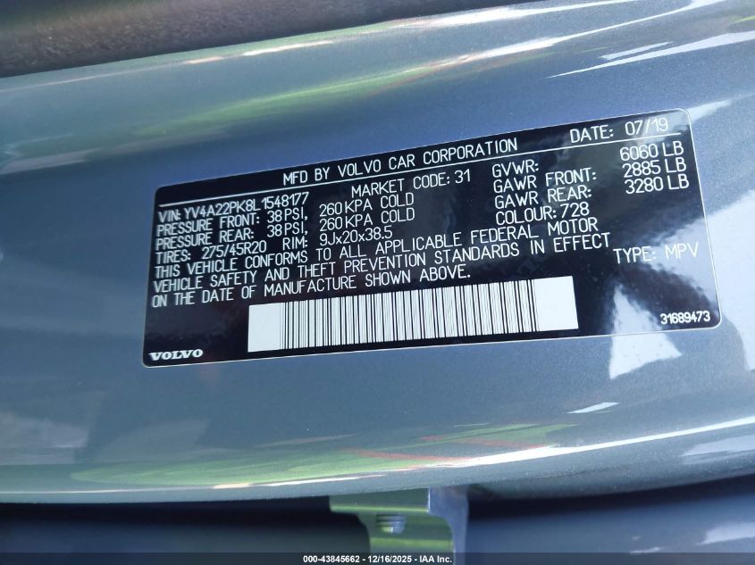 2020 Volvo Xc90 T6 Momentum 7 Passenger VIN: YV4A22PK8L1548177 Lot: 43845662