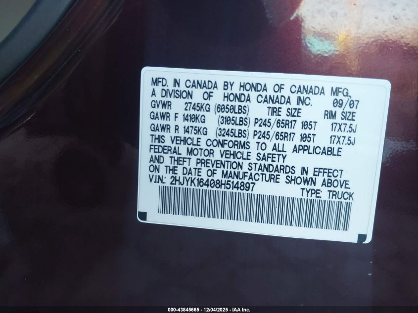 2008 Honda Ridgeline Rts VIN: 2HJYK16408H514897 Lot: 43845665