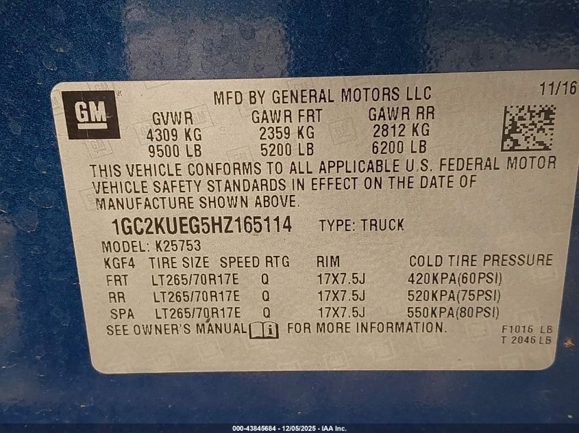 2017 Chevrolet Silverado 2500Hd Wt VIN: 1GC2KUEG5HZ165114 Lot: 43845684