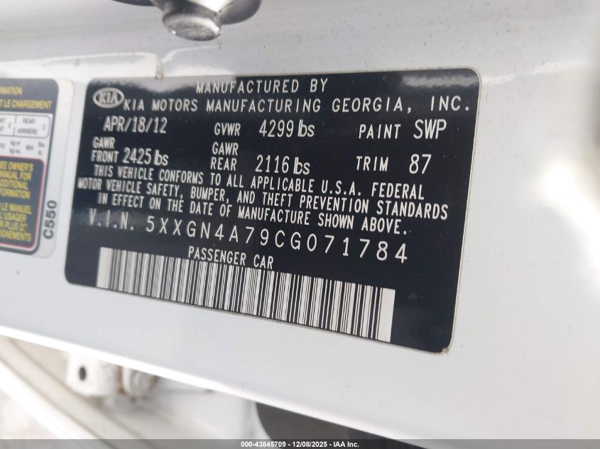 2012 Kia Optima Ex VIN: 5XXGN4A79CG071784 Lot: 43845709