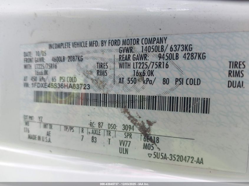 2006 Ford E-450 Cutaway VIN: 1FDXE45S36HA83723 Lot: 43845737