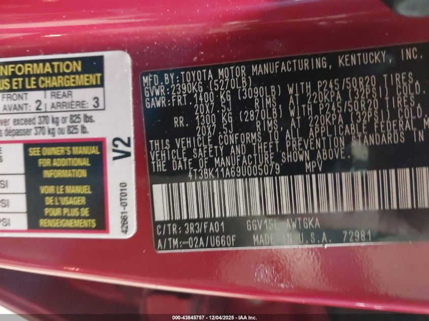 2009 Toyota Venza Base V6 VIN: 4T3BK11A69U005079 Lot: 43845757