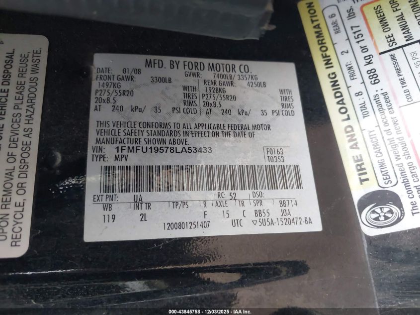 2008 Ford Expedition Limited VIN: 1FMFU19578LA53433 Lot: 43845758