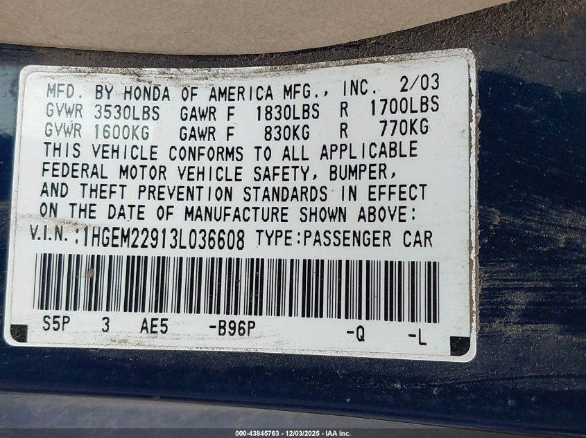 2003 Honda Civic Ex VIN: 1HGEM22913L036608 Lot: 43845763