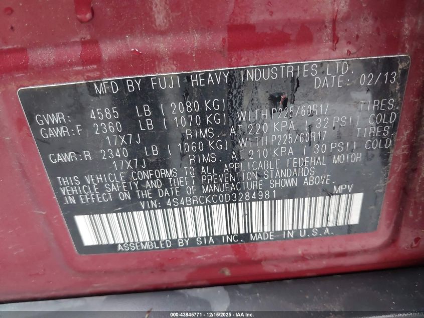 2013 Subaru Outback 2.5I Limited VIN: 4S4BRCKC0D3284981 Lot: 43845771