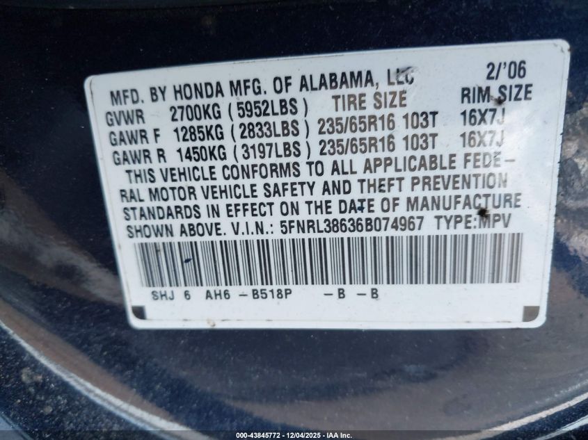 2006 Honda Odyssey Ex-L VIN: 5FNRL38636B074967 Lot: 43845772